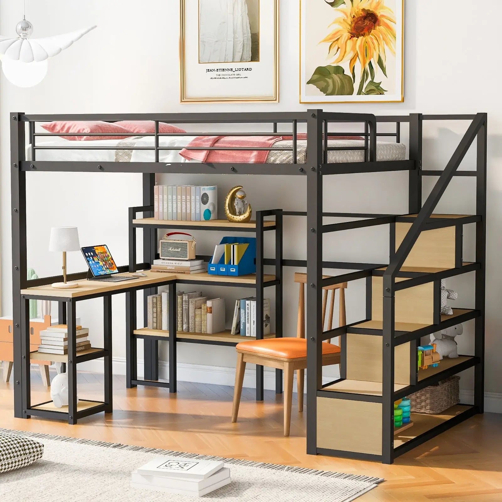 Full Size Metal Loft Bed With Staircase, Built-in Desk And Shelves, Black My Store