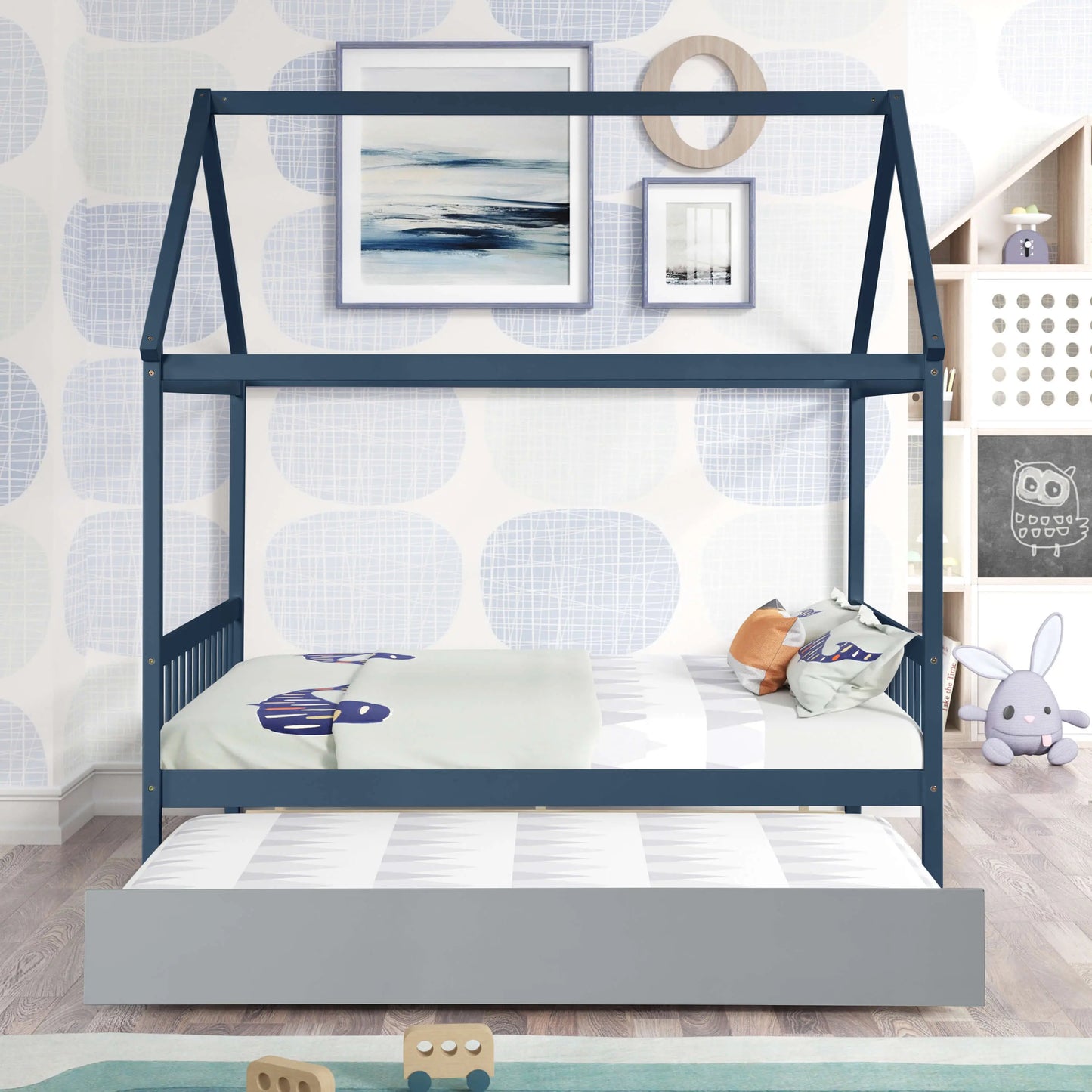 NAVY BLUE HOUSE FULL BED WITH TRUNDLE OF GREY COLOR My Store