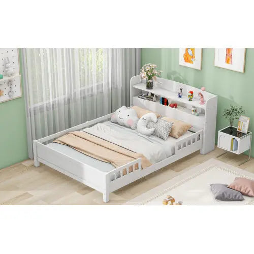 Wood Full Size Platform Bed With Built-in LED Light, Storage Headboard And Guardrail, White My Store