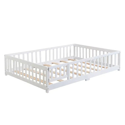 Twin Size Floor Bed With Door,Solid Wood Platform Bed Frame With Fence,Suitable For Children,Pine Wood, My Store