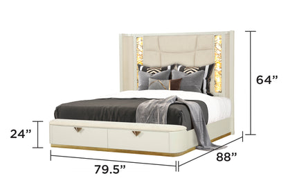5-Pc King Upholstered Bedroom Set with Wood & Gold Accents in Beige - Ohberri