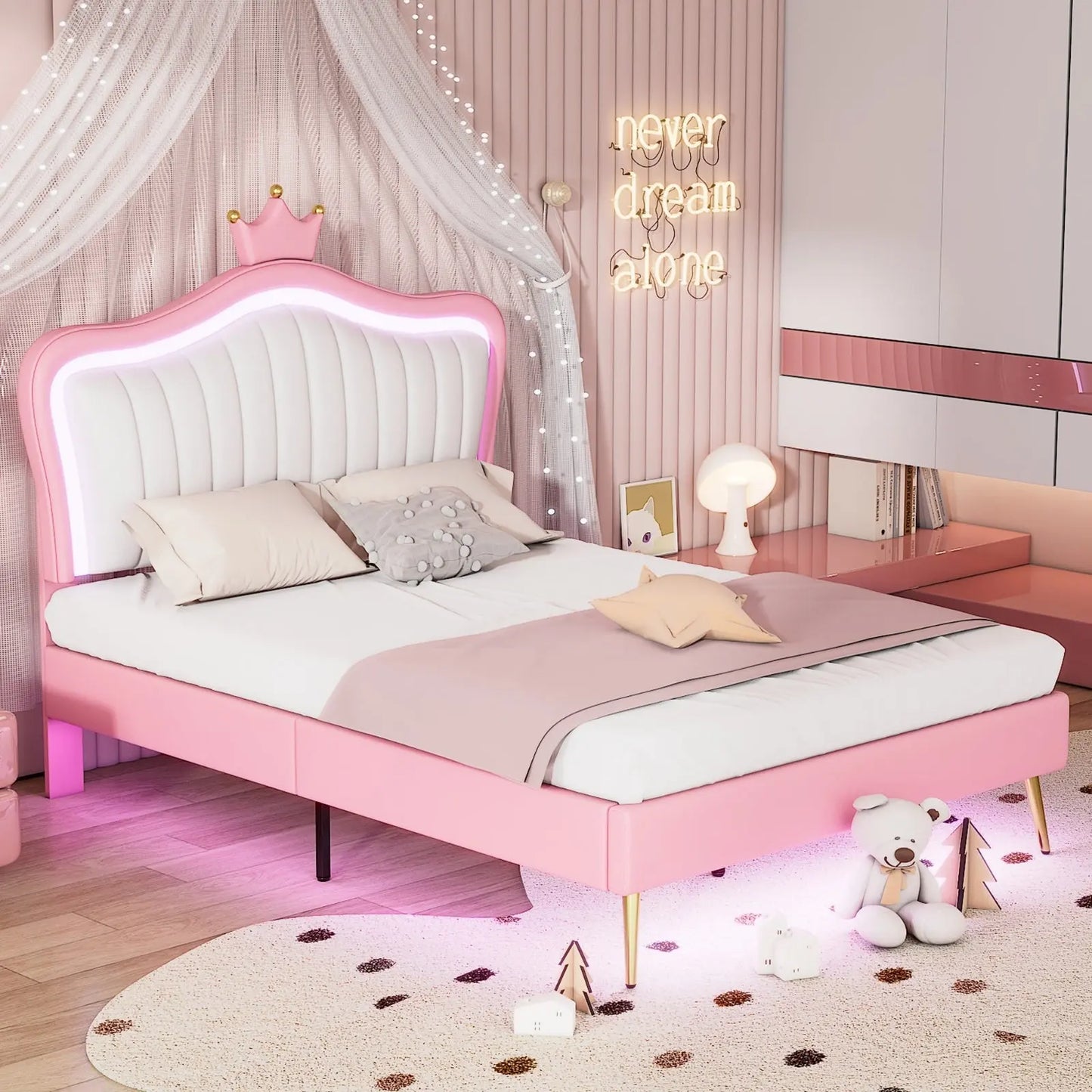 Full Size Upholstered Bed Frame With LED Lights & Crown Headboard My Store