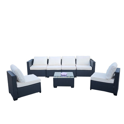 Seven-Piece Sofa Set Table With Sofa Chair Black PE Rattan With Color Cushion My Store