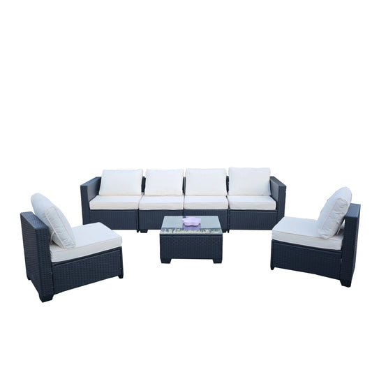 Seven-Piece Sofa Set Table With Sofa Chair Black PE Rattan With Color Cushion My Store