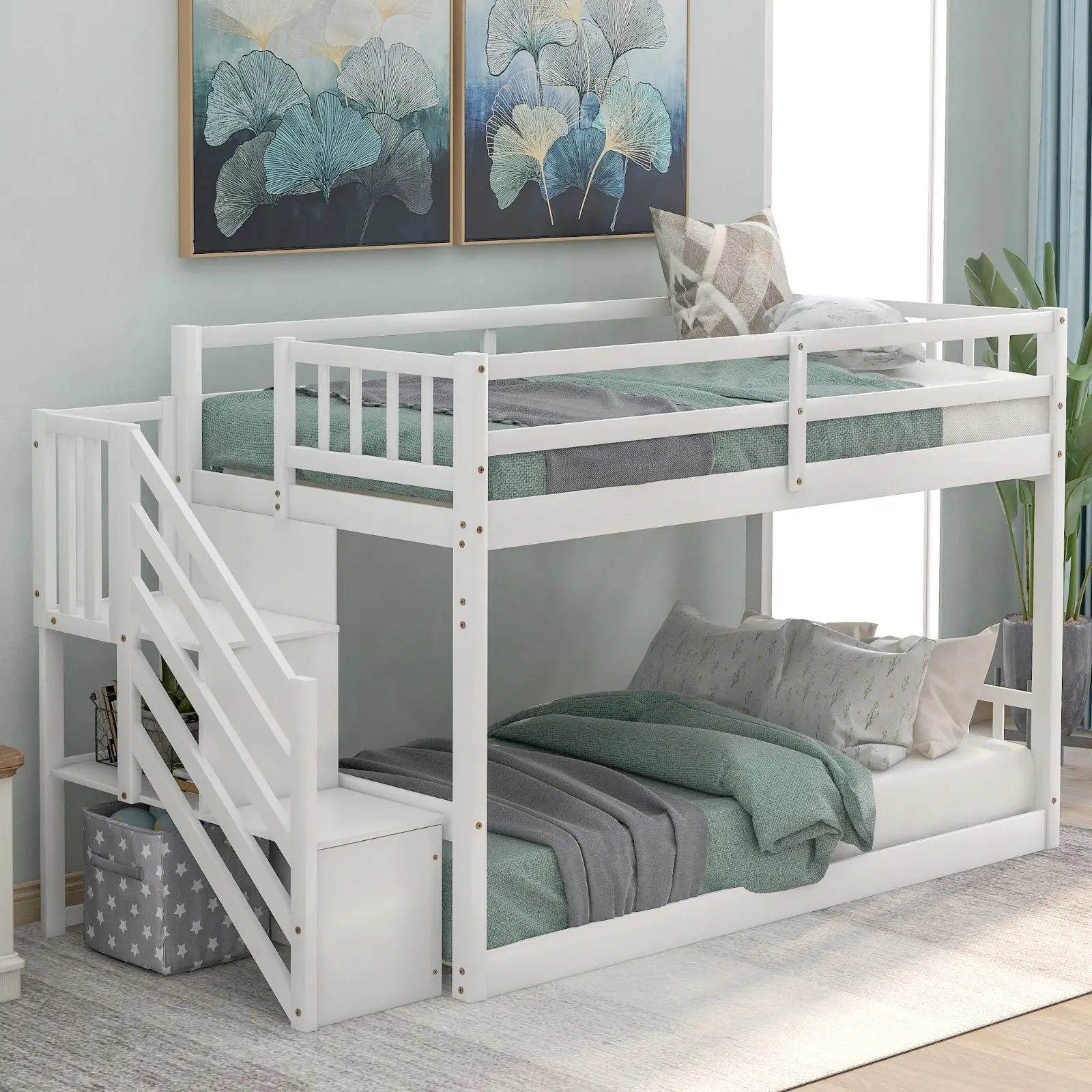 Twin Over Twin Floor Bunk Bed, Ladder With Storage, White My Store