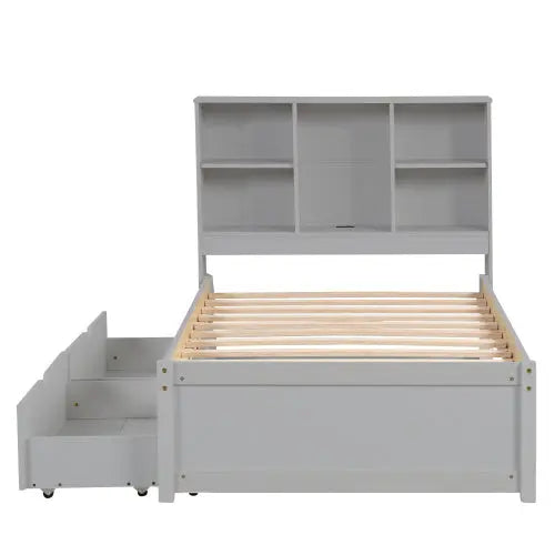 Modern Twin Size Bed Frame With Built-in USB Port On Bookcase Headboard And 2 Drawers For Grey Color My Store