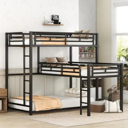 L-shaped Metal Triple Twin Size Bunk Bed, Black My Store