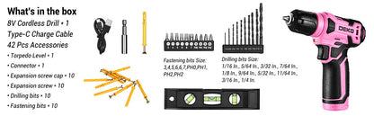 DEKO 8V Pink Cordless Drill, Drill Set with 3/8"Keyless Chuck, 42pcs Ohberri