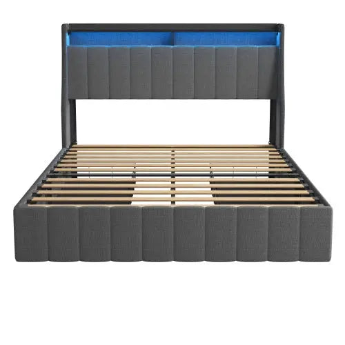 Full Size Bed Frame With LED, 4 Under-bed Portable Storage Drawers, Wings Headboard Design My Store