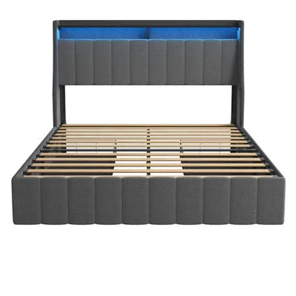 Full Size Bed Frame With LED, 4 Under-bed Portable Storage Drawers, Wings Headboard Design My Store
