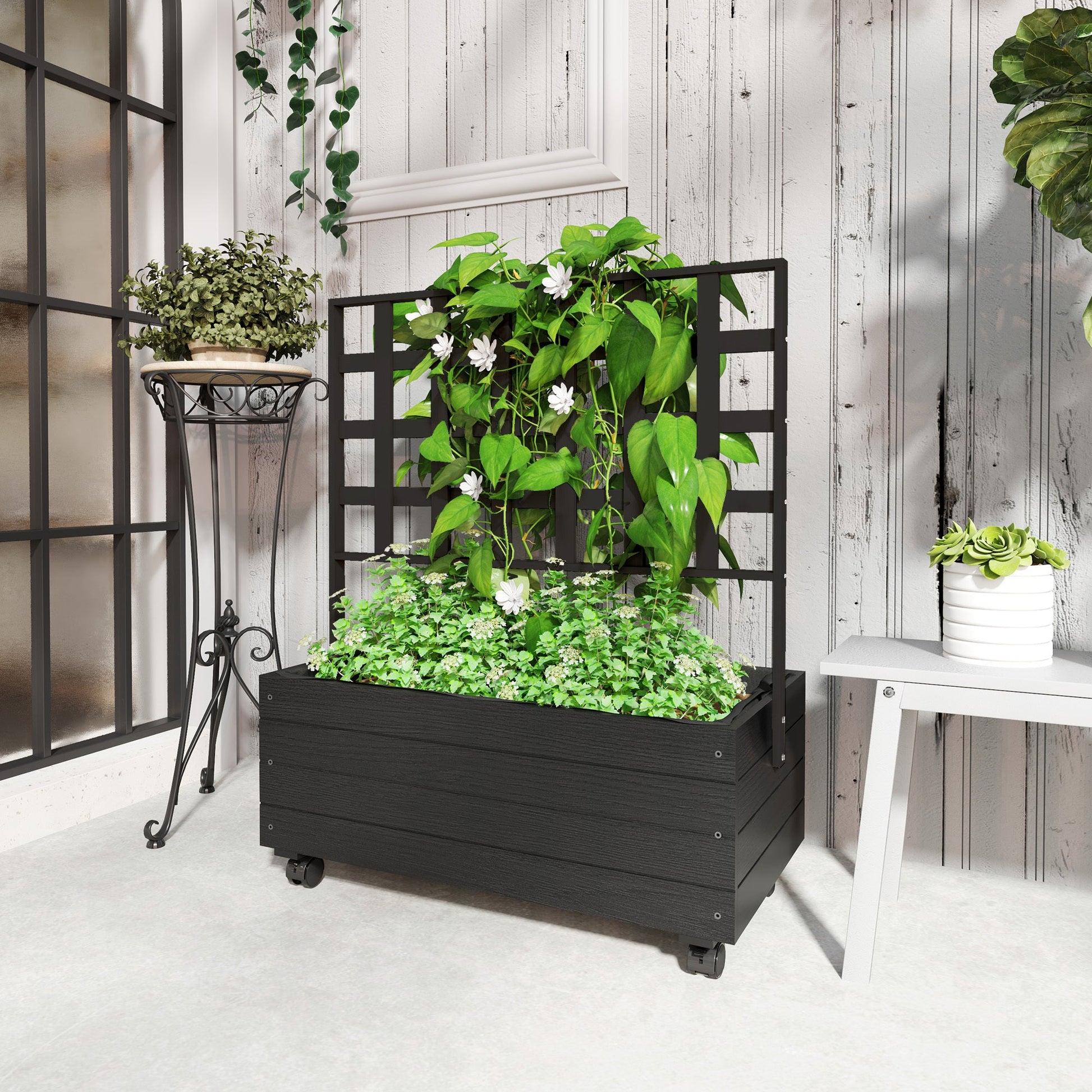 Raised Garden Bed With Trellis And Wheels, Outdoor Planter Wooden Inkedjoy