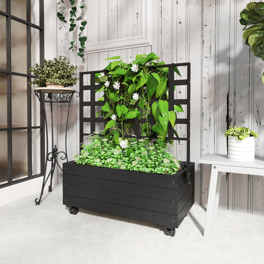 Raised Garden Bed With Trellis And Wheels, Outdoor Planter Wooden Inkedjoy