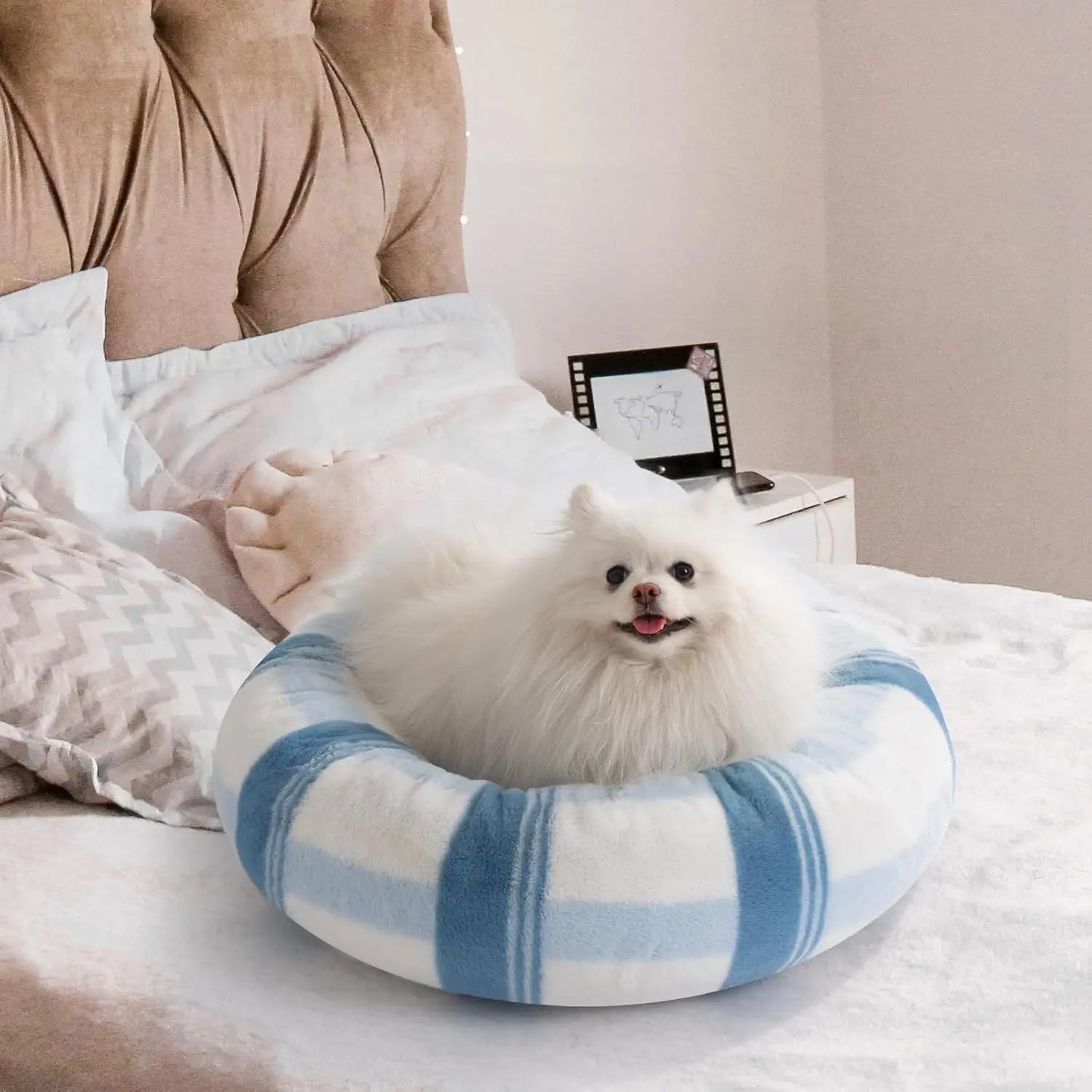 Plush Round Calming Washable Pet Bed With Non-Slip Bottom- Blue Striped My Store