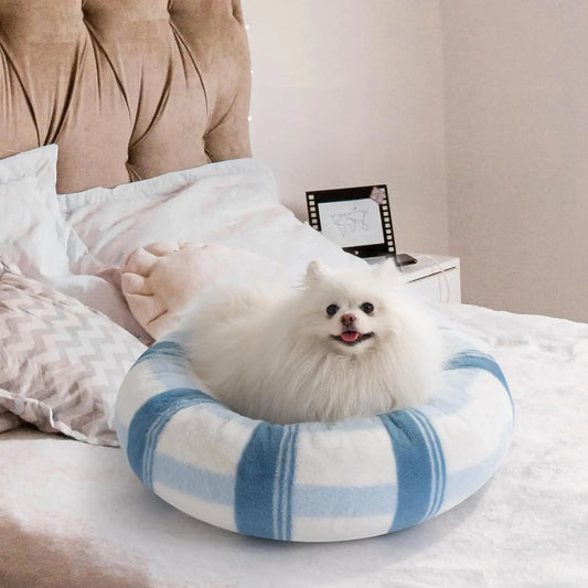 Plush Round Calming Washable Pet Bed With Non-Slip Bottom- Blue Striped My Store