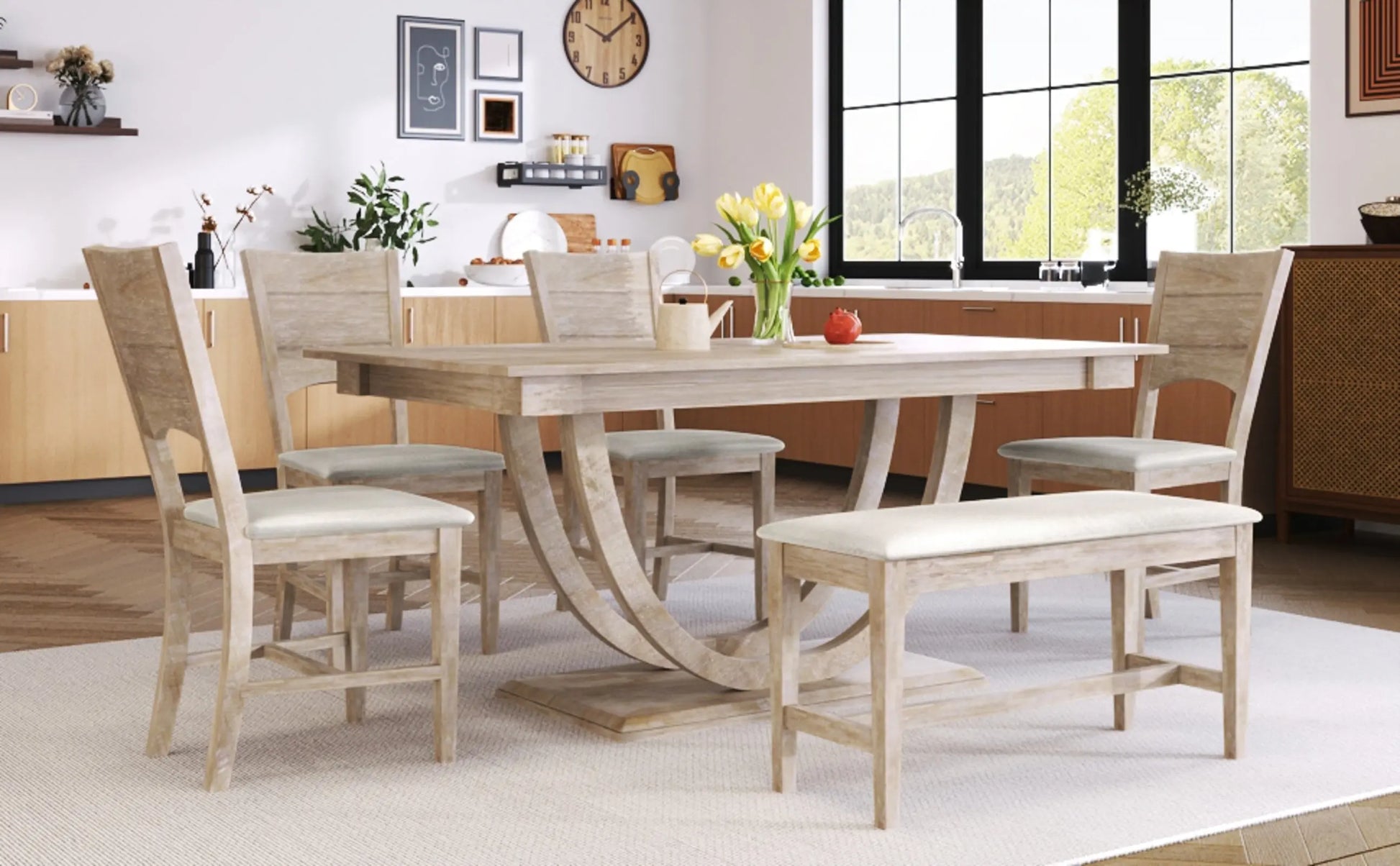 TOPMAX 6-Piece Wood Half Round Dining Table Set With Long Bench & 4 Chairs My Store