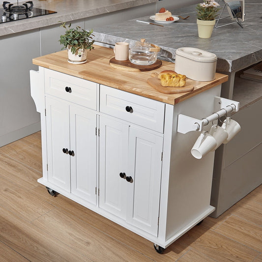 Kitchen Island Cart With Solid Wood On Wheels, White Inkedjoy