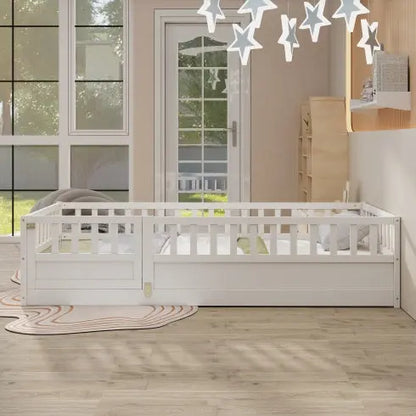 Twin Size Floor Bed, Integral Construction With Super High Security Barrier, Door, Children's Floor Bed Frame, Montessori Wooden Children's Floor Bed, Support Slat White My Store