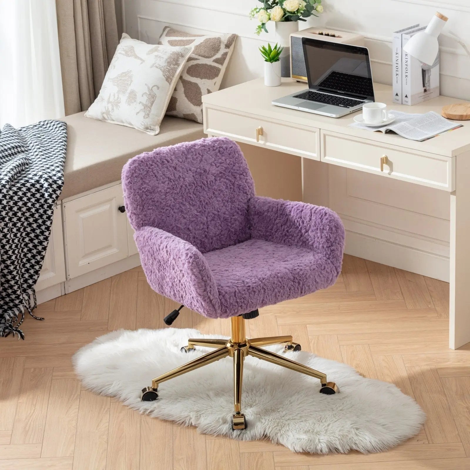 A&A Furniture Office Chair,Artificial Rabbit Hair Home Office Chair With Golden Metal Base,Adjustabl My Store