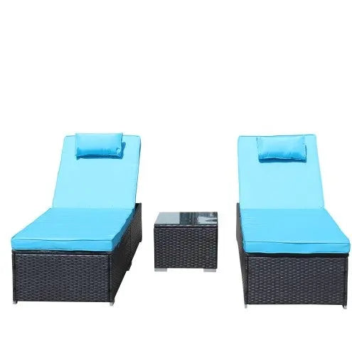 3-Piece Outdoor Patio Furniture Set Chaise Lounge, Patio Reclining Rattan Lounge Chair Chaise Couch Cushioned With Glass Coffee Table, Adjustable Back And Feet, Lounger Chair For Pool Garden, Blue My Store