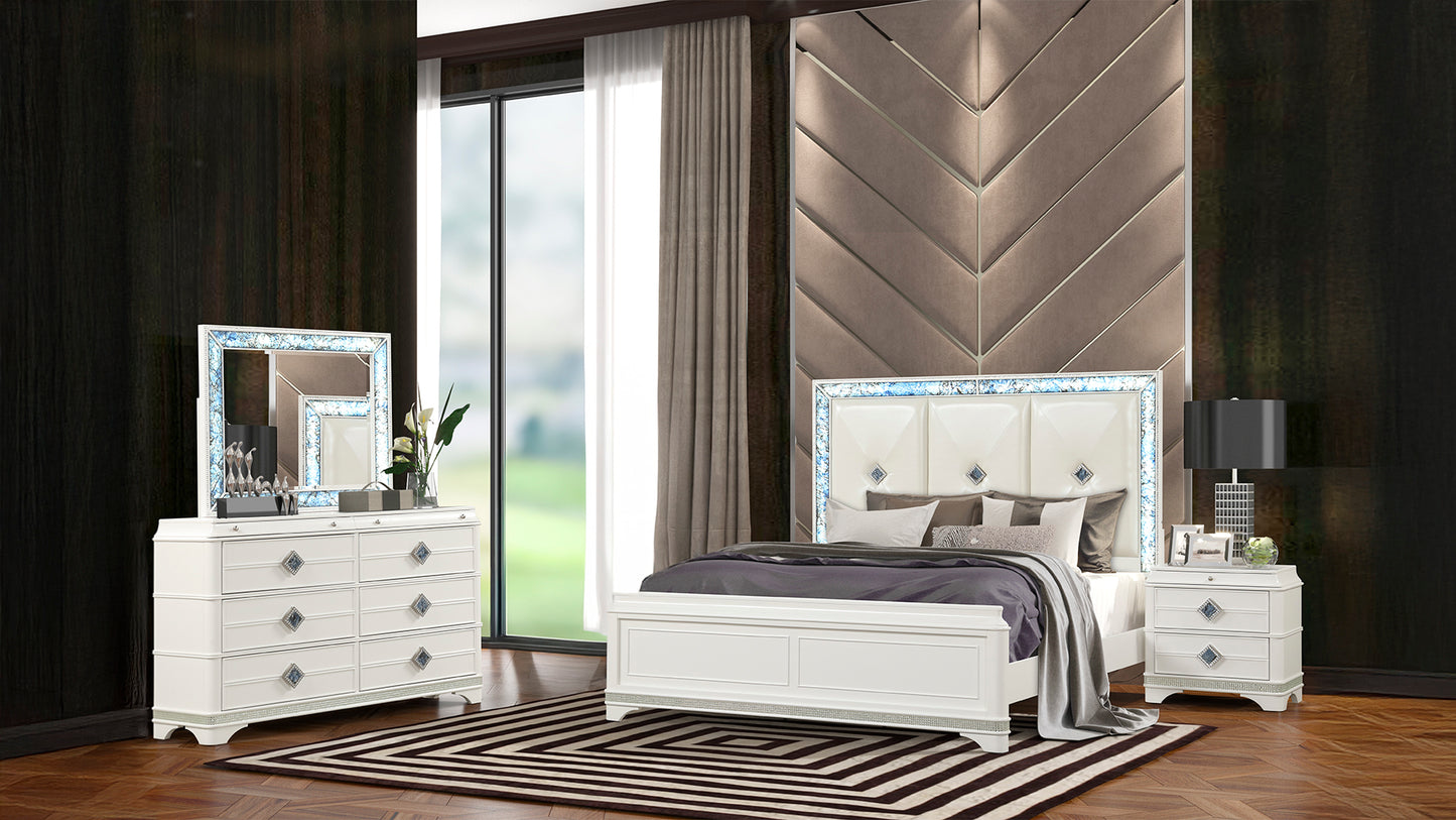 Modern Style 4 Piece Queen Upholstered Bedroom Set with Wood and Crystal Accents in White - Ohberri