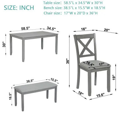 6 Piece Kitchen Dining Set, Rectangular Wooden Dining Table With 4 Upholstered Chairs And A Bench My Store
