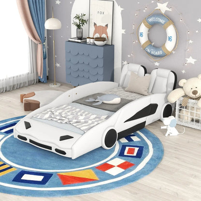 Twin Size Race Car-Shaped Platform Bed With Wheels, White My Store