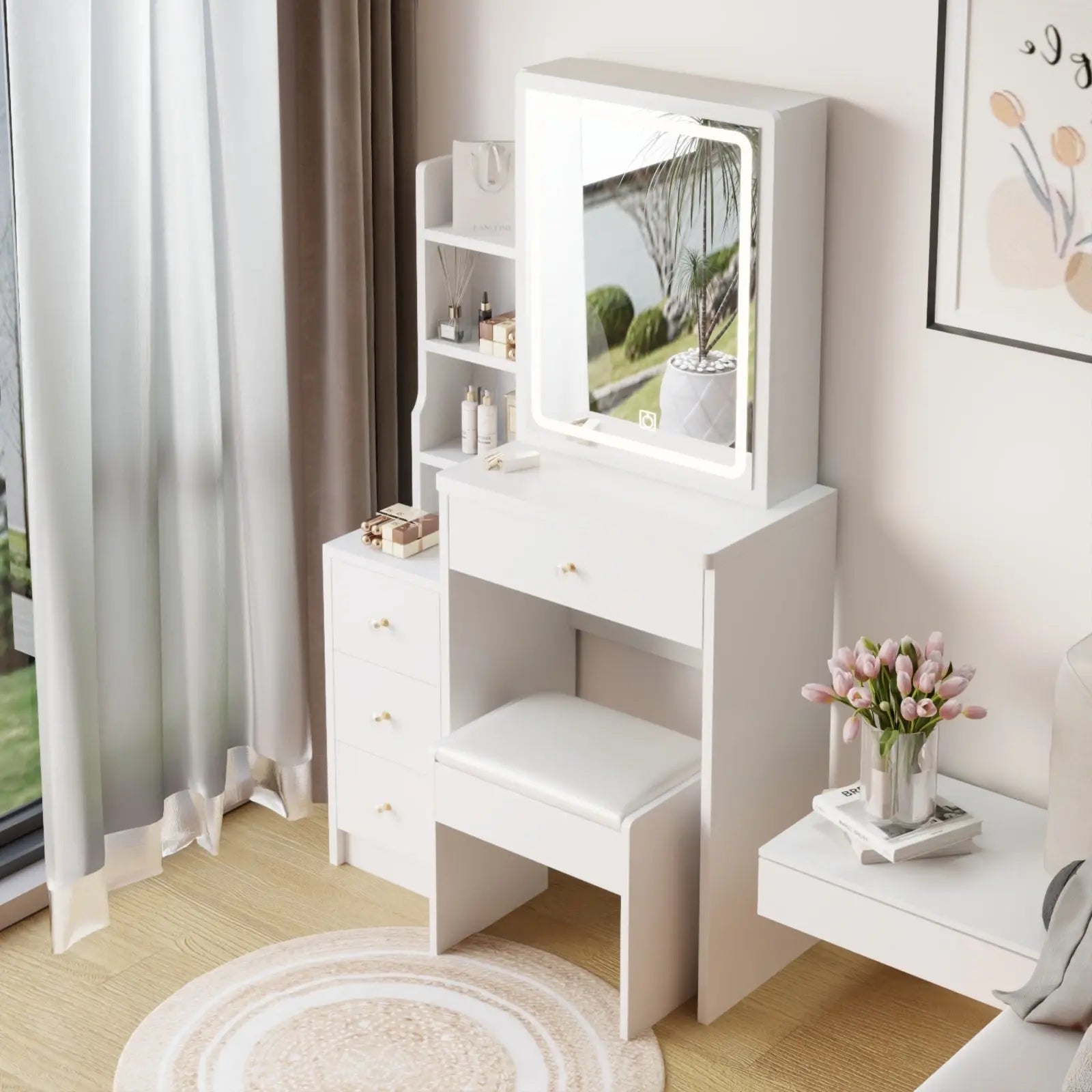 Small Size Left Bedside Cabinet Vanity Table   Cushioned Stool, Extra Large Touch Control Sliding LE My Store