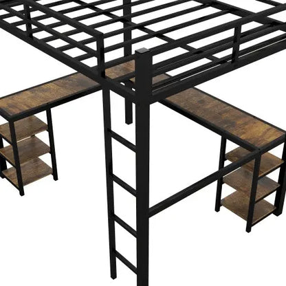 Twin XL Metal Loft Bed With Desk And Shelves, Loft Bed With Ladder And Guardrails-Black My Store