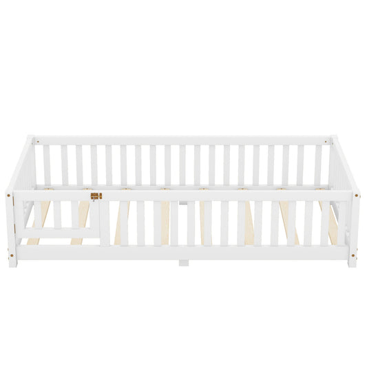 Twin Size Bed Floor Bed With Safety Guardrails And Door For Kids, White My Store