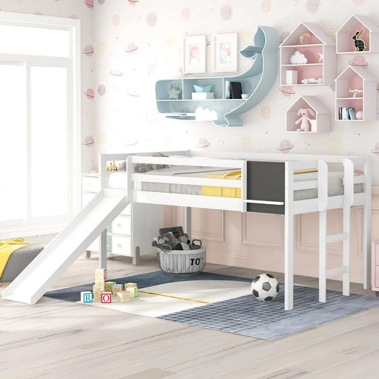 Twin Loft Bed With Slide, Stair, Chalkboard - White My Store