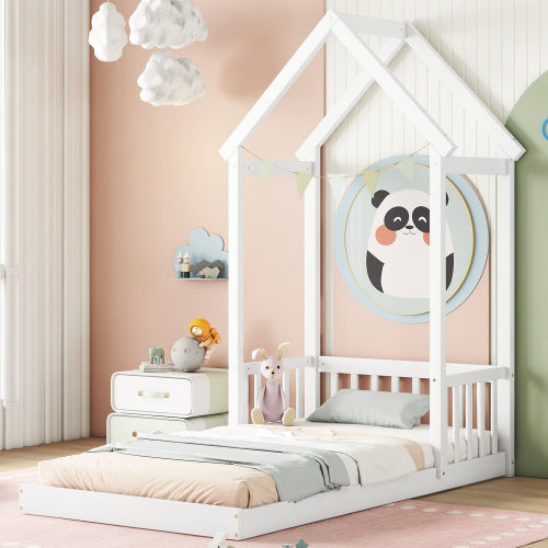 Twin House-shaped Roof Headboard Floor Bed,,without Slats,White My Store