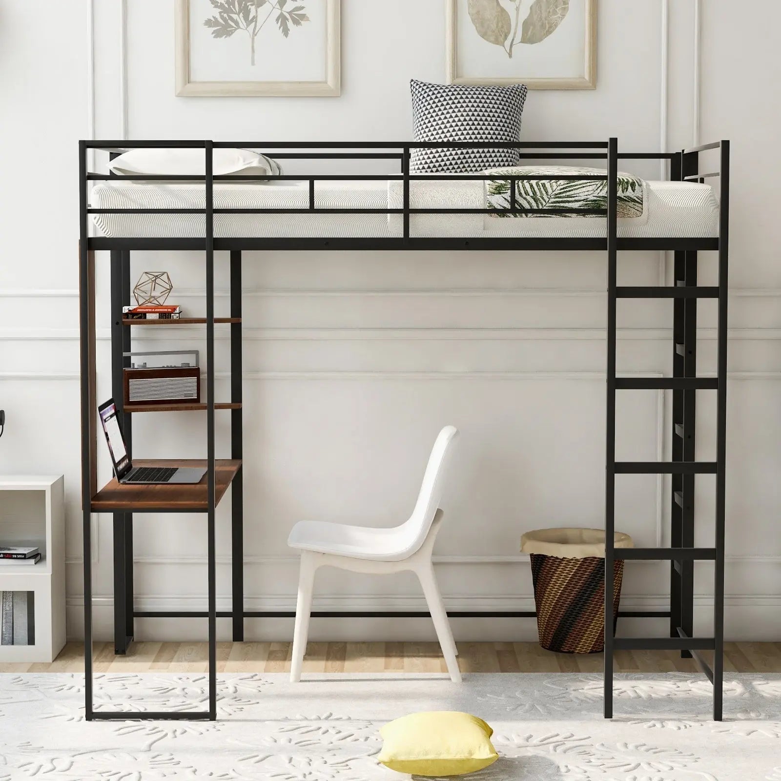 Twin Metal Loft Bed With 2 Shelves And One Desk ,BLACK My Store