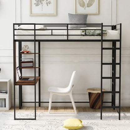 Twin Metal Loft Bed With 2 Shelves And One Desk ,BLACK My Store