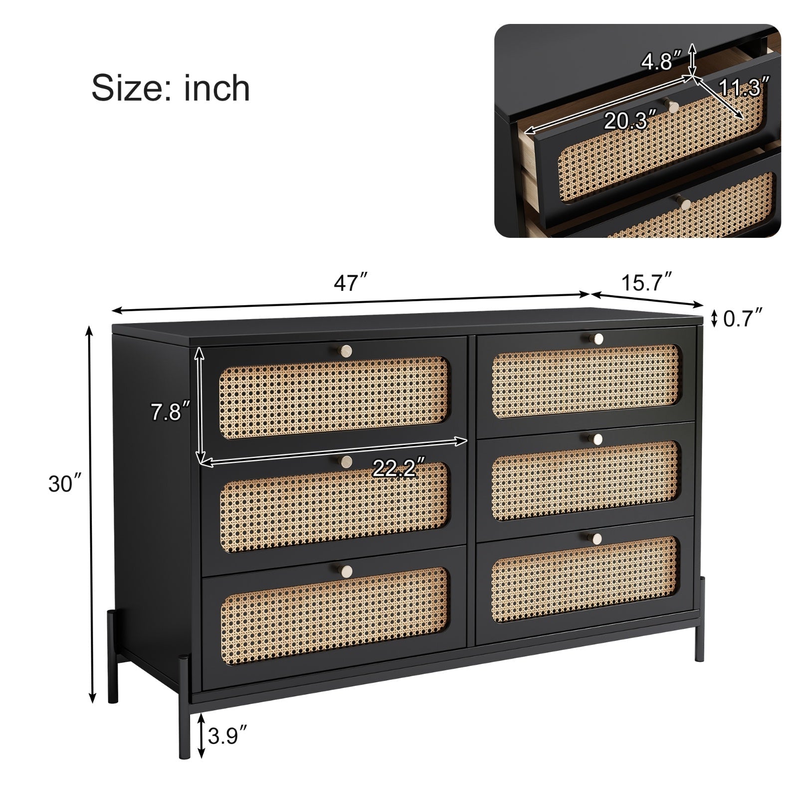 Modern Cannage Rattan Wood 6-Drawer Dresser My Store