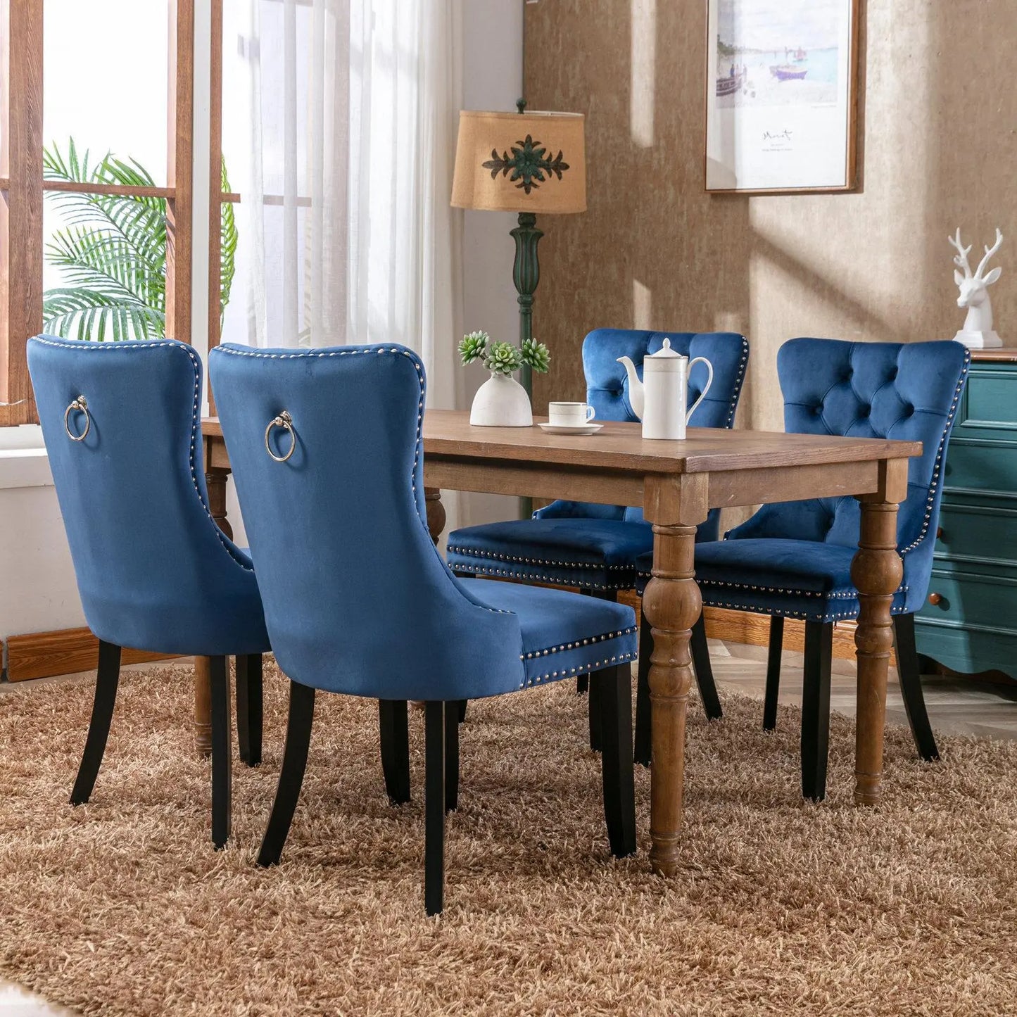 Modern High-end Tufted Solid Wood Contemporary Velvet Cushioned Dining Chair, 2-piece Set With Wooden Leg Nail Head Trim, Blue My Store
