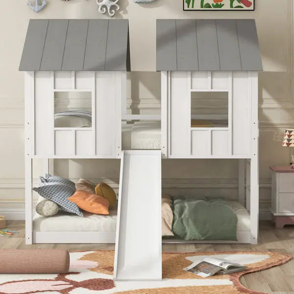 Double Decker Bunk Bed With Slide And Window, White My Store