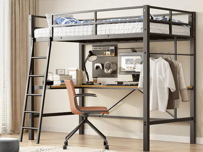 Twin Metal Loft Bed With L-Shaped Desk, Charging Station- Black My Store