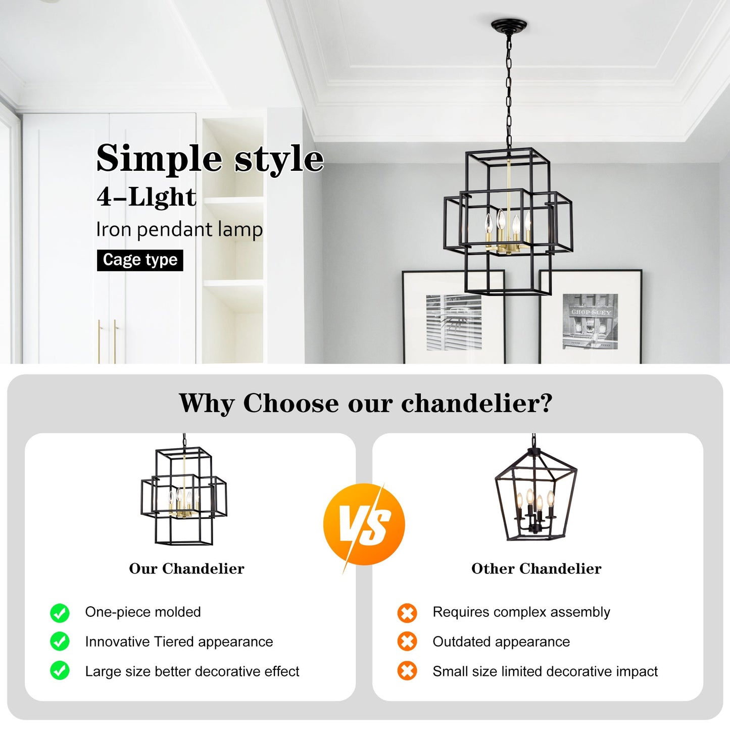 4-Light Metal Lantern Tiered Pendant Hanging Light Fixtures -Matte Black & Gold Inkedjoy