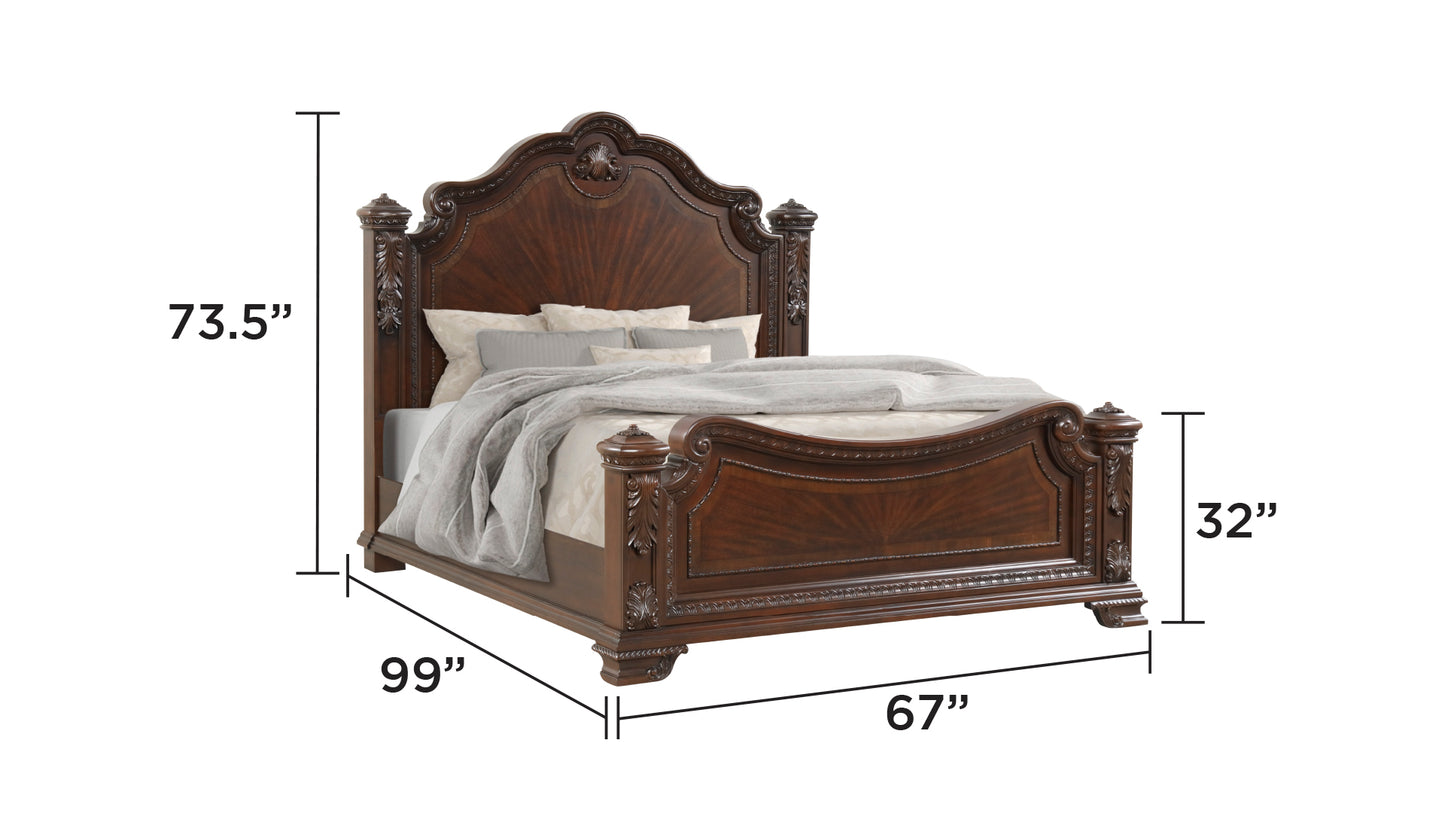 Traditional 4-Piece Queen Bedroom Set with Intricate Wood Carvings in Walnut Finish - Ohberri