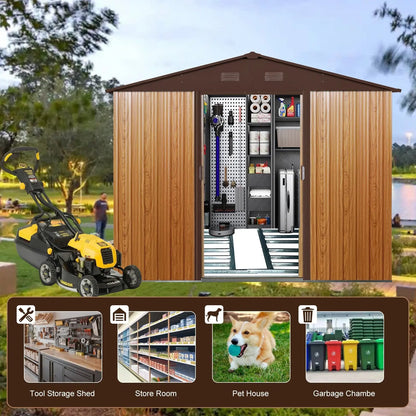 10ft X 8ft Outdoor Metal Storage Shed With Metal Floor Base,Coffee My Store