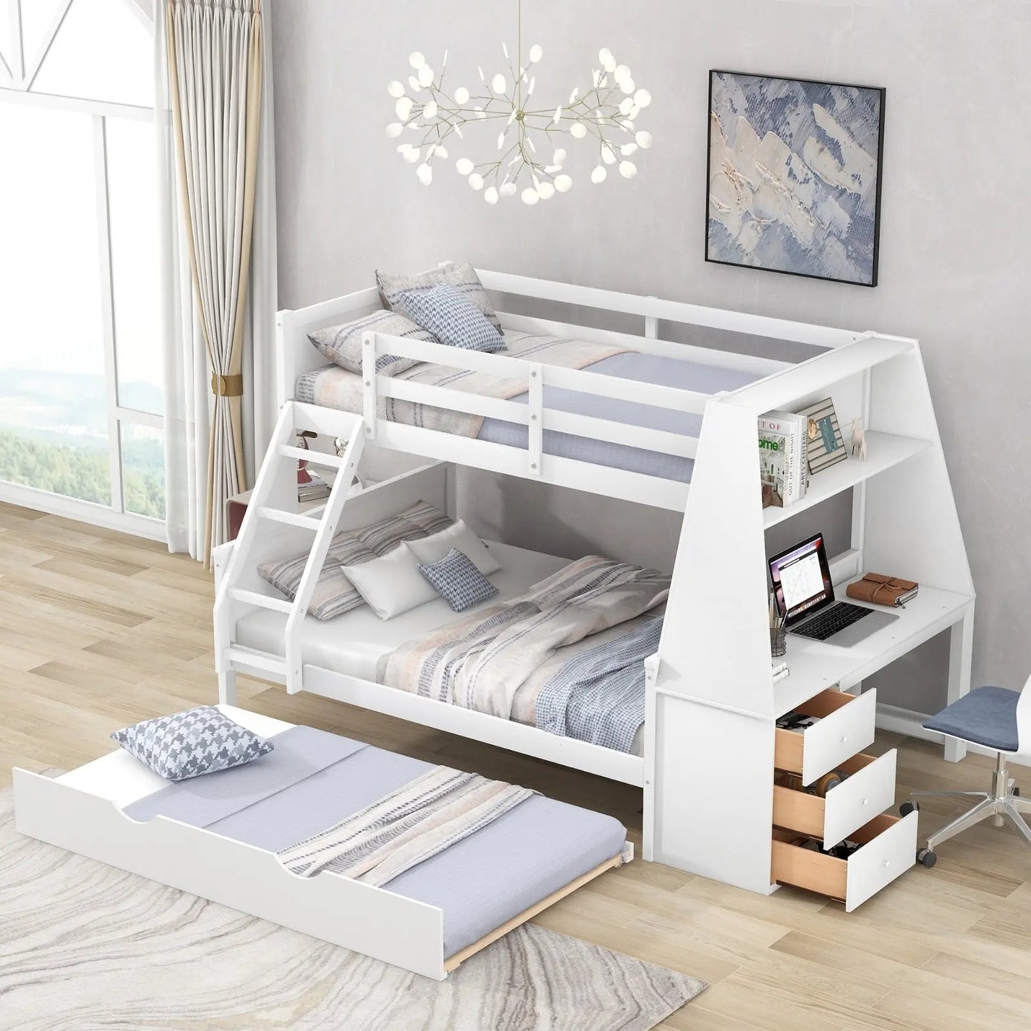 Twin Full Bunk Bed W  Trundle, Desk, 3 Drawers   Shelf - White My Store