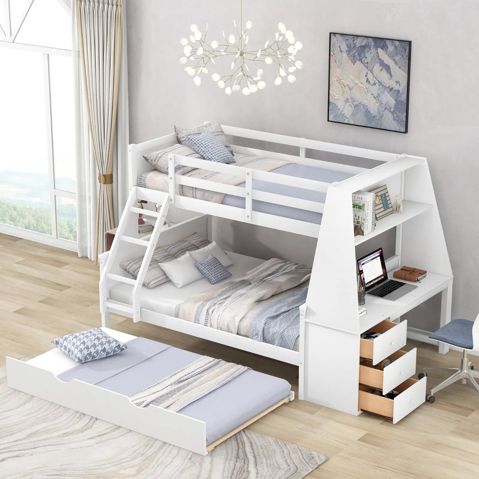 Twin Full Bunk Bed W  Trundle, Desk, 3 Drawers   Shelf - White My Store