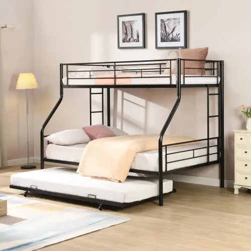 Twin Over Full With Trundle Metal Bunk Bed , No Box Spring Needed, Easy Assemble My Store