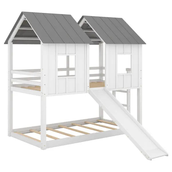 Double Decker Bunk Bed With Slide And Window, White My Store