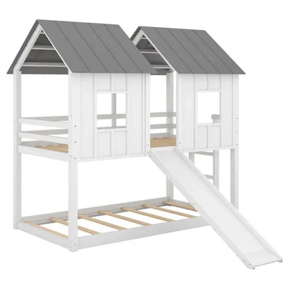 Double Decker Bunk Bed With Slide And Window, White My Store