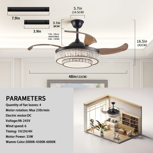 Modern LED Retractable Ceiling Fan With Light And Remote Control Inkedjoy