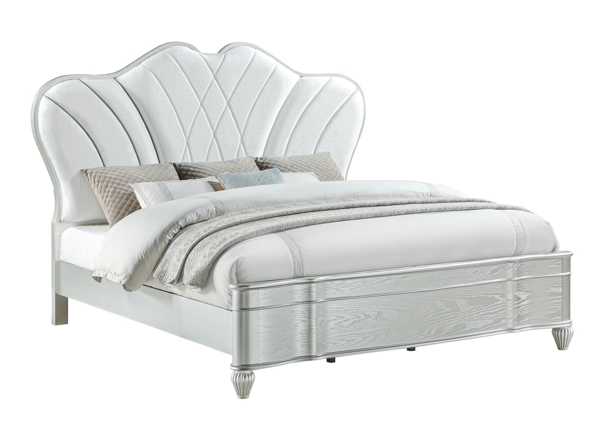 Queen Bedroom Set 5 Pc Traditional Style with Upholstered Button-Tufted Bed Made of Wood in Silver Finish - Ohberri