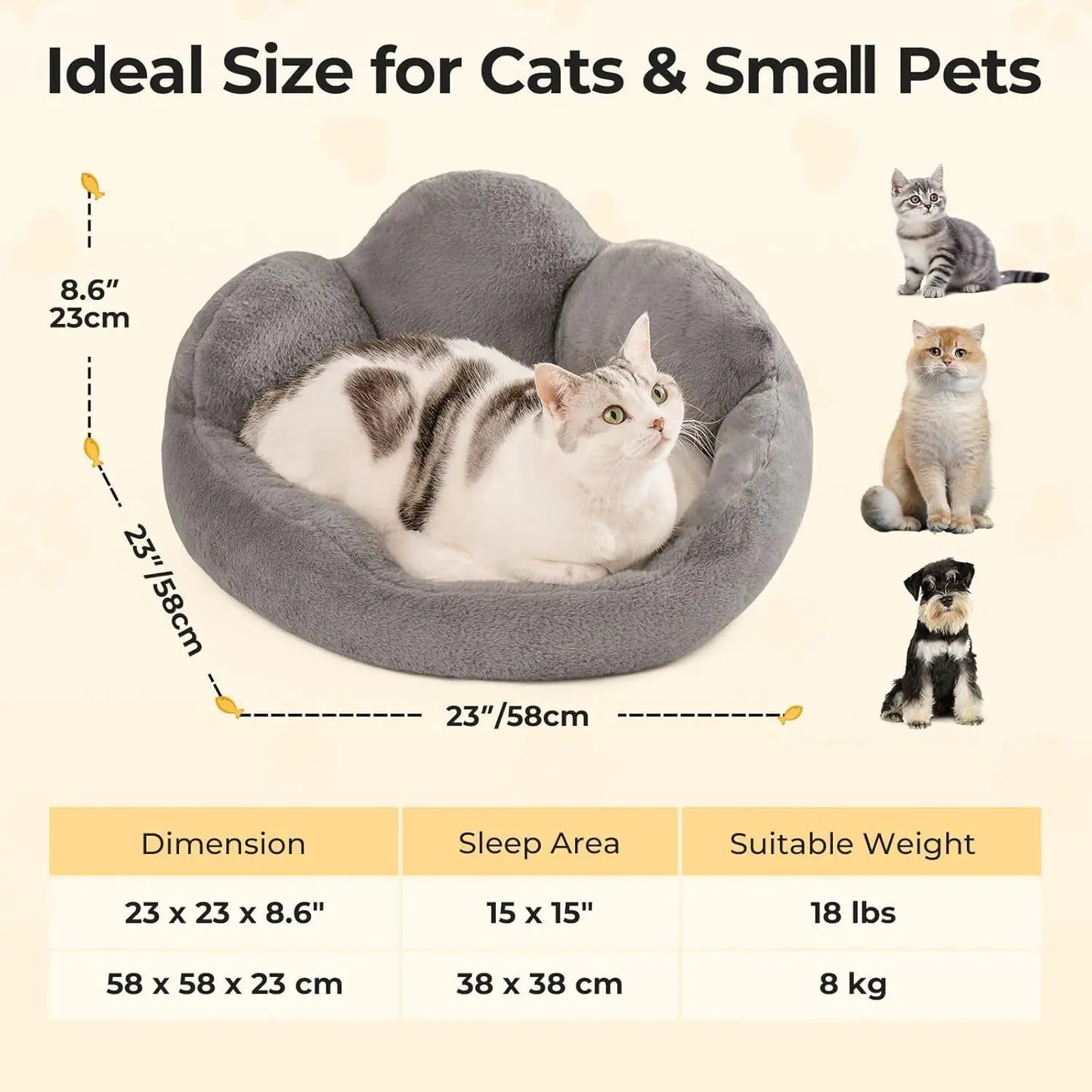 MEWOOFUN Cat Bed And Small Dog Bed, Fluffy Dog Bed Washable Cat Couch Bed, Cute Cat Bed For Indoor Cats, Flower Cat Sofa Bed With Non Slip Bottom, Pet Bed For Puppy And Kitten Grey, 23 My Store