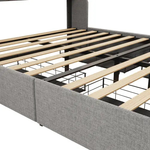 Full Size Bed Frame With LED, 4 Under-bed Portable Storage Drawers, Wings Headboard Design, Light Grey My Store