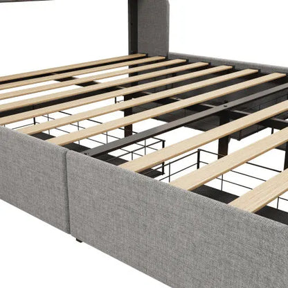Full Size Bed Frame With LED, 4 Under-bed Portable Storage Drawers, Wings Headboard Design, Light Grey My Store
